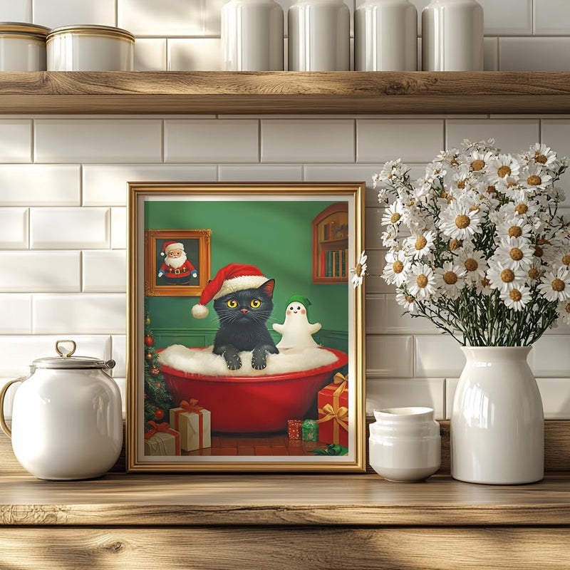 WRTCPOC Black Cat in Bathtub 11CT Counted Cross Stitch Kits for Adults Bathroom Animals Decor Embroidery Kit Needlework Patterns Cute Animal Wearing Christmas Hat Cross Stitch Kits - Image 2